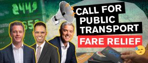 Call for Public Transport Fare Relief - NSW Premier, Treasurer and Transport Minister with a petrol price display showing raised fuel prices